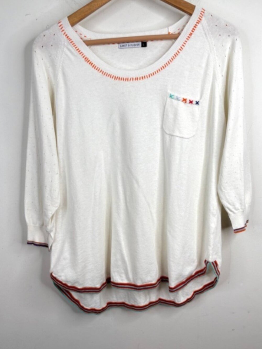 Zaket & Plover Sweater Womens Large White Silk Cotton Blend Rainbow Pocket Trim